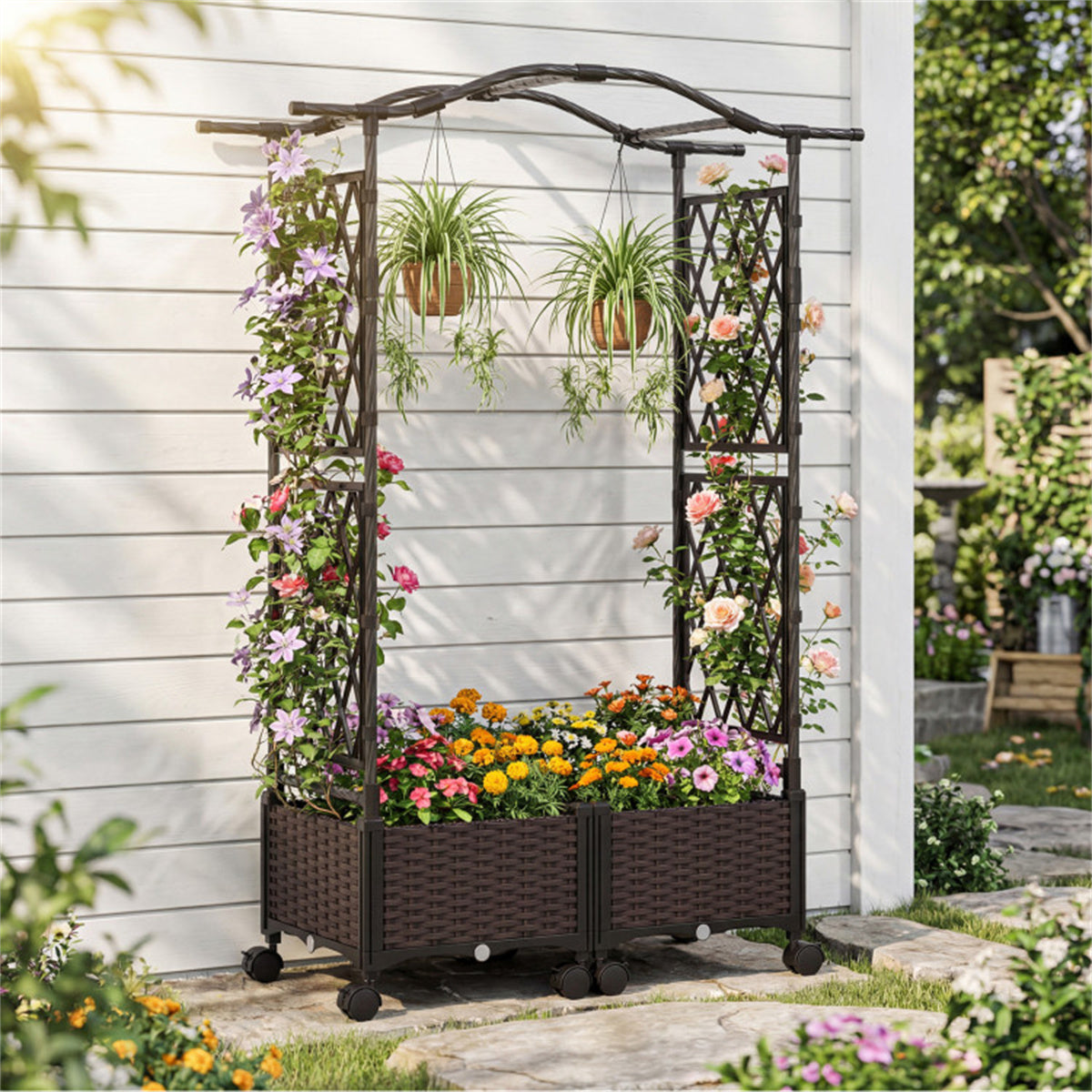 5 FT Self-Watering Vertical Raised Garden Bed with Trellis & Lockable Wheels, 2 Configurations Elevated Planter for Patio Balcony US FREE SHIPPING