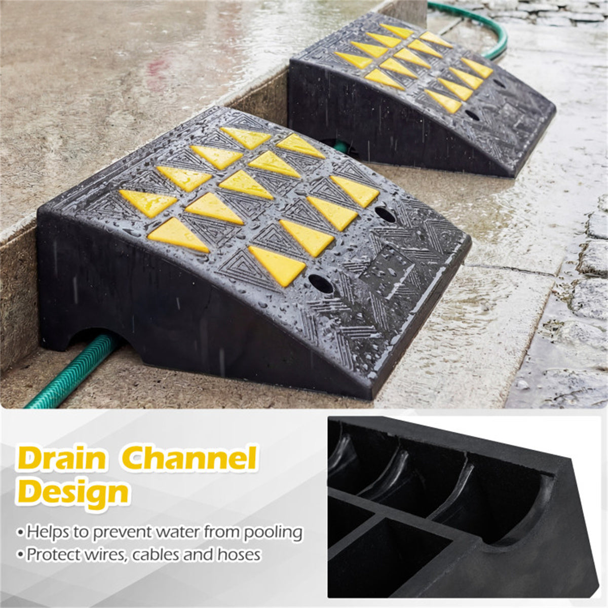 2 Pcs Heavy Duty Rubber Curb Ramp with Drain Channel & Reflective Strips for Driveway  - M US FREE SHIPPING