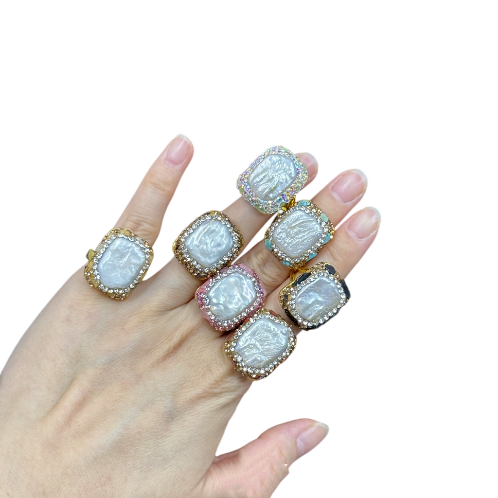 Baroque Style Square Pearl Statement Ring – Rhinestone Halo Adjustable Cocktail Ring