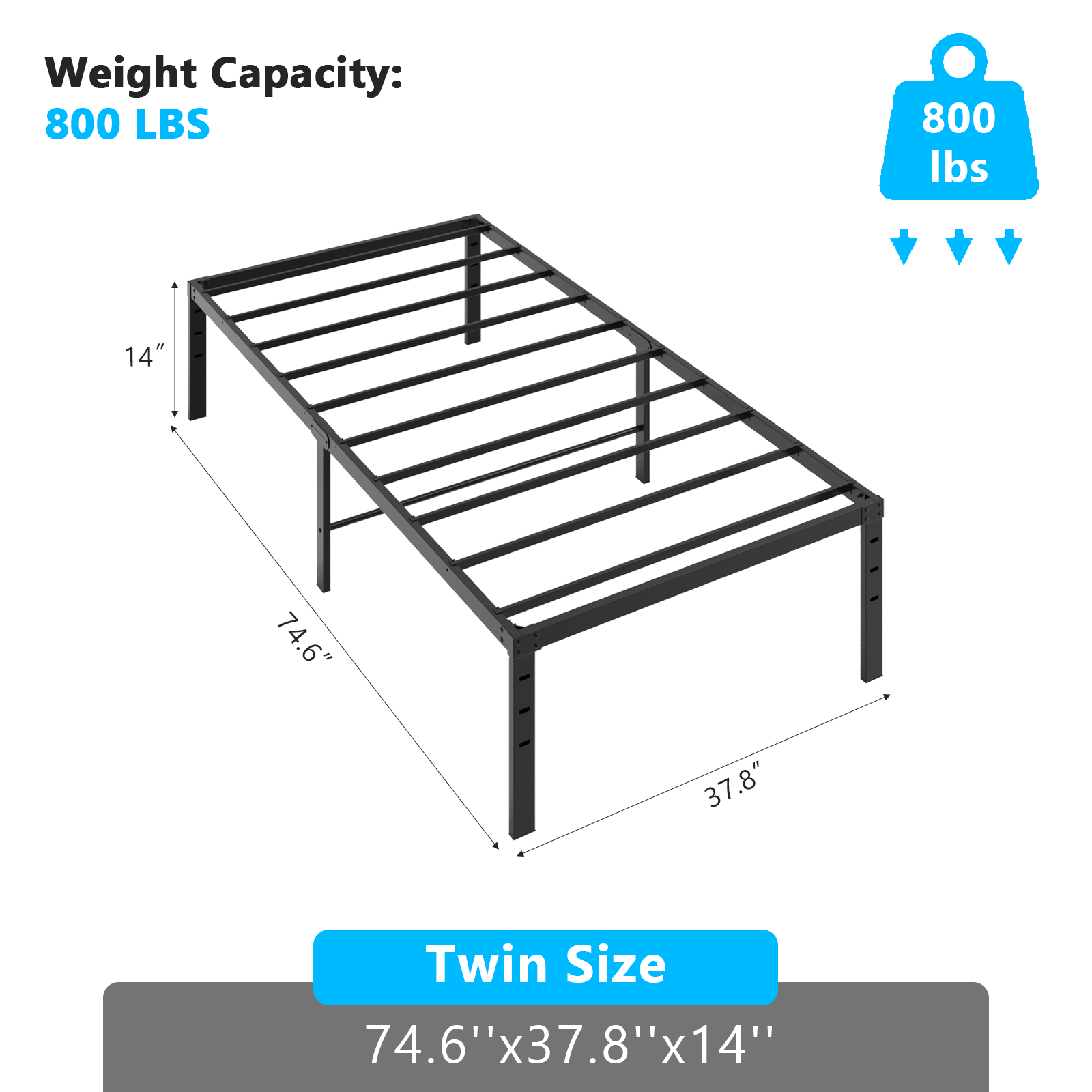 US STOCK FREE SHIPPING Black Twin Size Simple Basic Platform Metal Bed Frame - 14 Inch Bed Height
