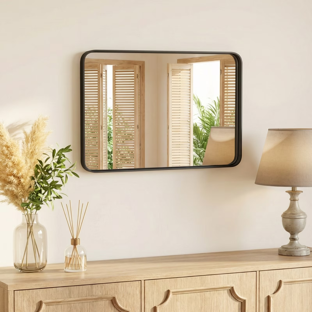 24" x 36" Anti-Fog Bathroom Wall Mirror – Shatterproof, Black Rectangular Metal Frame | Free US Shipping