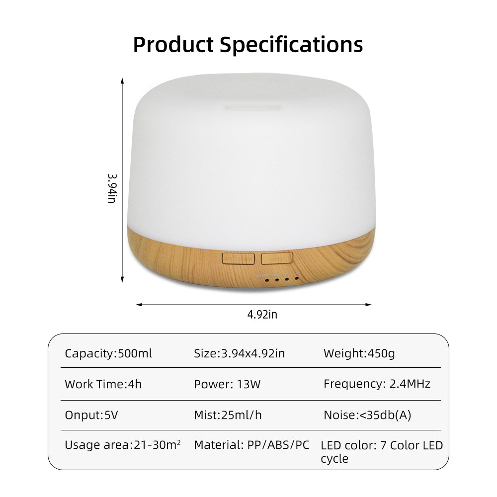 500ml Ultrasonic Essential Oil Diffuser & Humidifier – Remote Control, Auto-Off Timer, 7 Color Night Light | Free US Shipping
