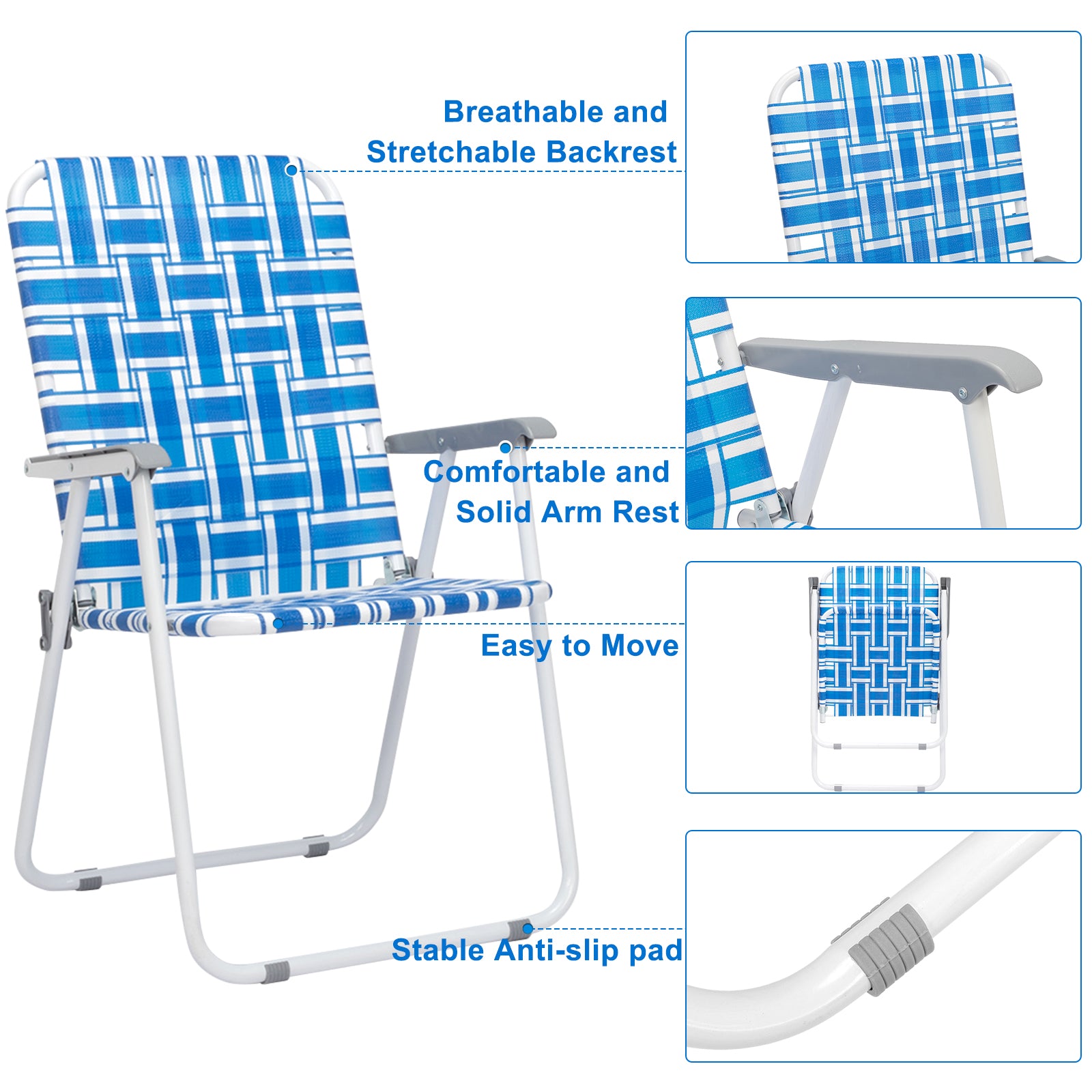 US STOCK FREE SHIPPING 2pcs Steel Tube PP Webbing Bearing 120kg Folding Beach Chair Blue& White Strip