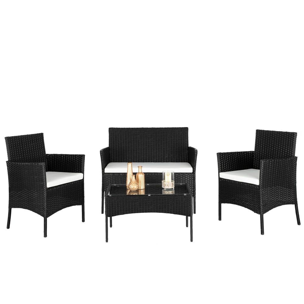4-Piece Rattan Sofa Set – 2 Arm Chairs, Loveseat & Tempered Glass Coffee Table | Black PE Wicker | Free US Shipping