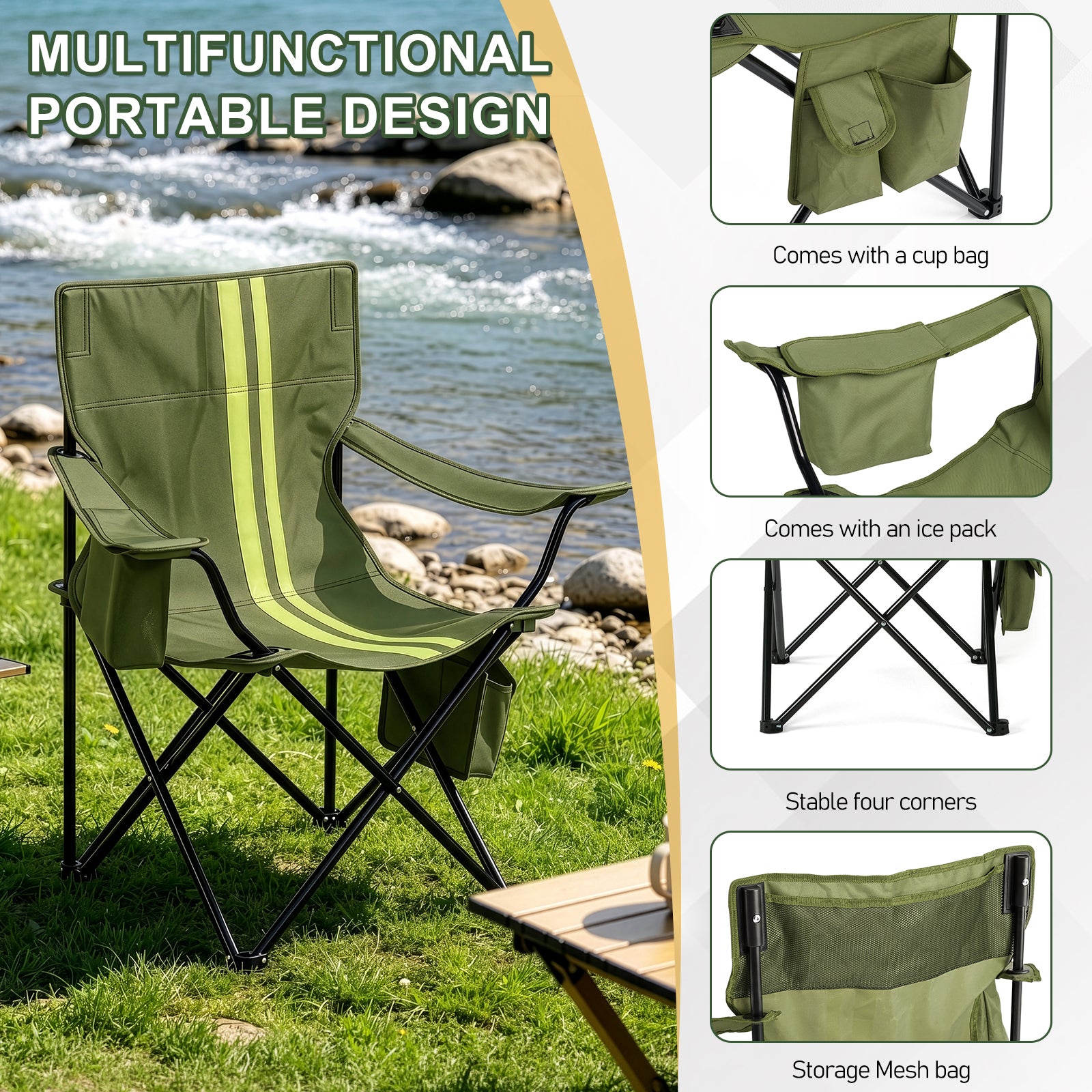 Folding Camping Chair with Built-in Cooler Bag & Cup Holder, Heavy Duty 350 lbs Capacity Portable Outdoor Camp Chair, Green Padded Folding Chair with Side Pocket for Camping, Beach, Patio, Picnic, Travel