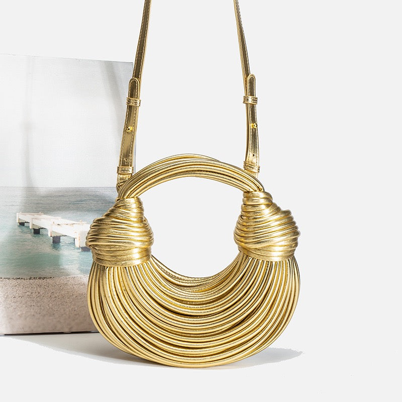 Women's Gold Woven Ring Handle Handbag - US Stock & Free Shipping