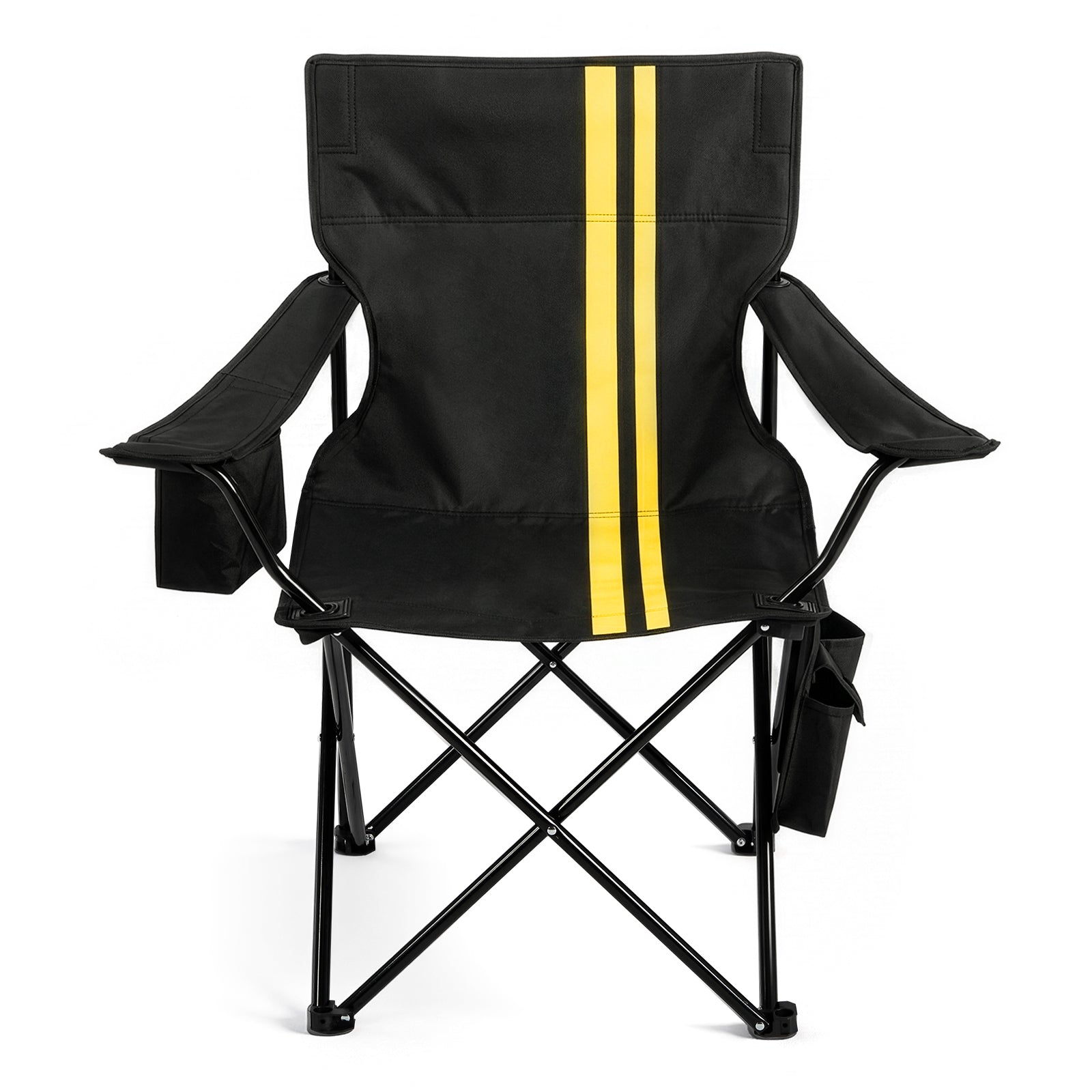 US STOCK FREE SHIPPING Folding Camping Chair with Built-in Cooler Bag, 350LBS Heavy Duty Portable Outdoor Chair with Cup Holder, Side Pocket & Carry Bag, 33.7"×20.5"×33.5" Black Camping Chair with Yellow Stripes for Beach, Picnic, Fishing