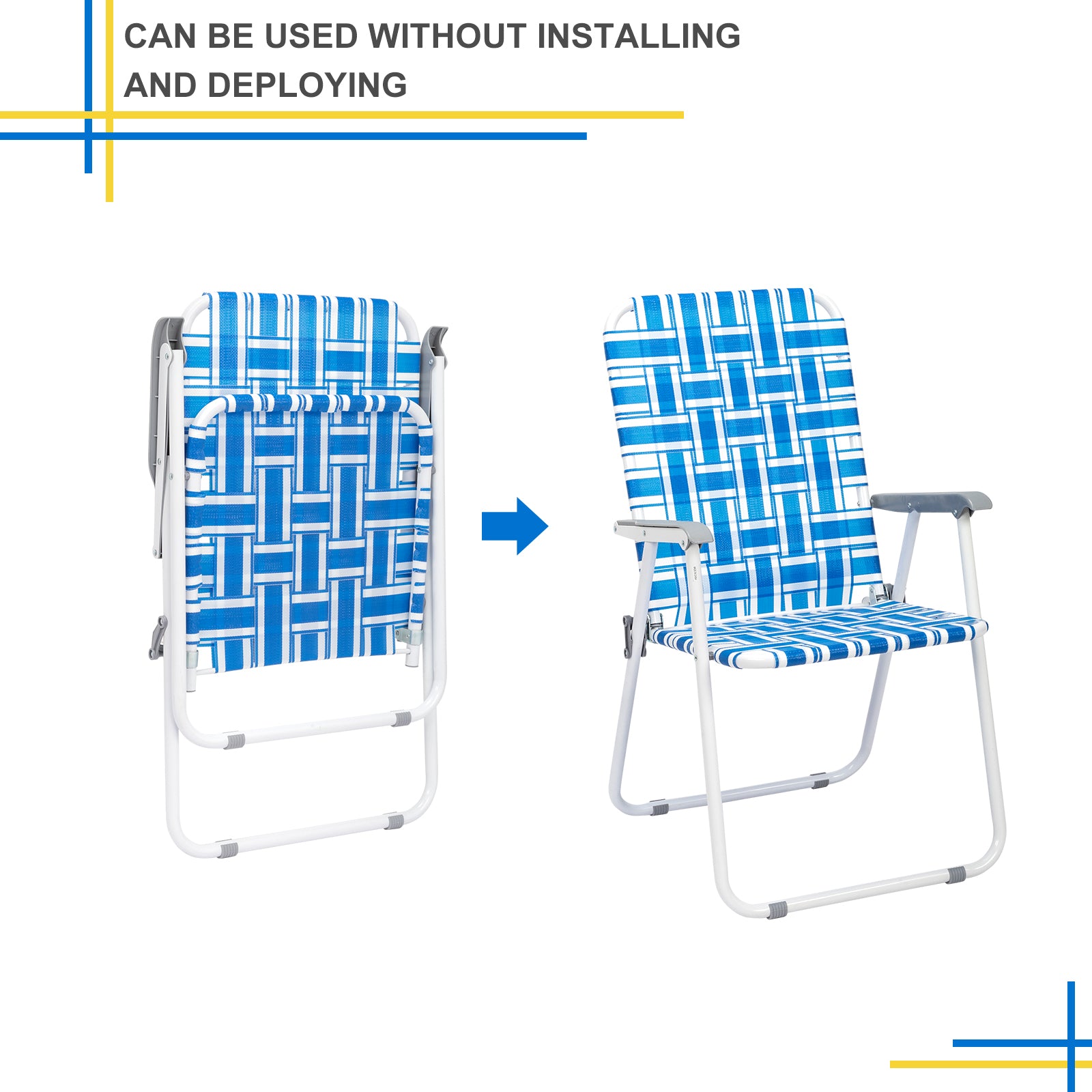 US STOCK FREE SHIPPING 2pcs Steel Tube PP Webbing Bearing 120kg Folding Beach Chair Blue& White Strip