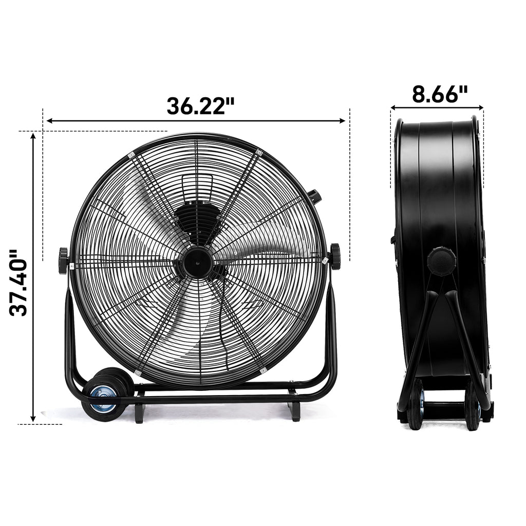 US Standard MLD-30 Industrial Drum Fan, 30 Inch 110V 230W High Velocity Floor Fan, 3 Speed Heavy Duty Black Metal Air Circulator, Adjustable Tilt with Outer Double Wheels, Copper Motor Single Side Support for Warehouse Commercial Use