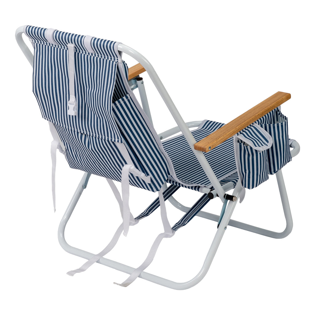 4-Position Adjustable Backpack Beach Chair, Foldable Rustproof Aluminum Frame Lounge Chair with Wooden Armrest, Side Storage Pockets & Detachable Pillow, 24"×22"×37" Outdoor Patio Camping Lawn Chair Holds up to 265 LBS, Blue White Vertical Stripe