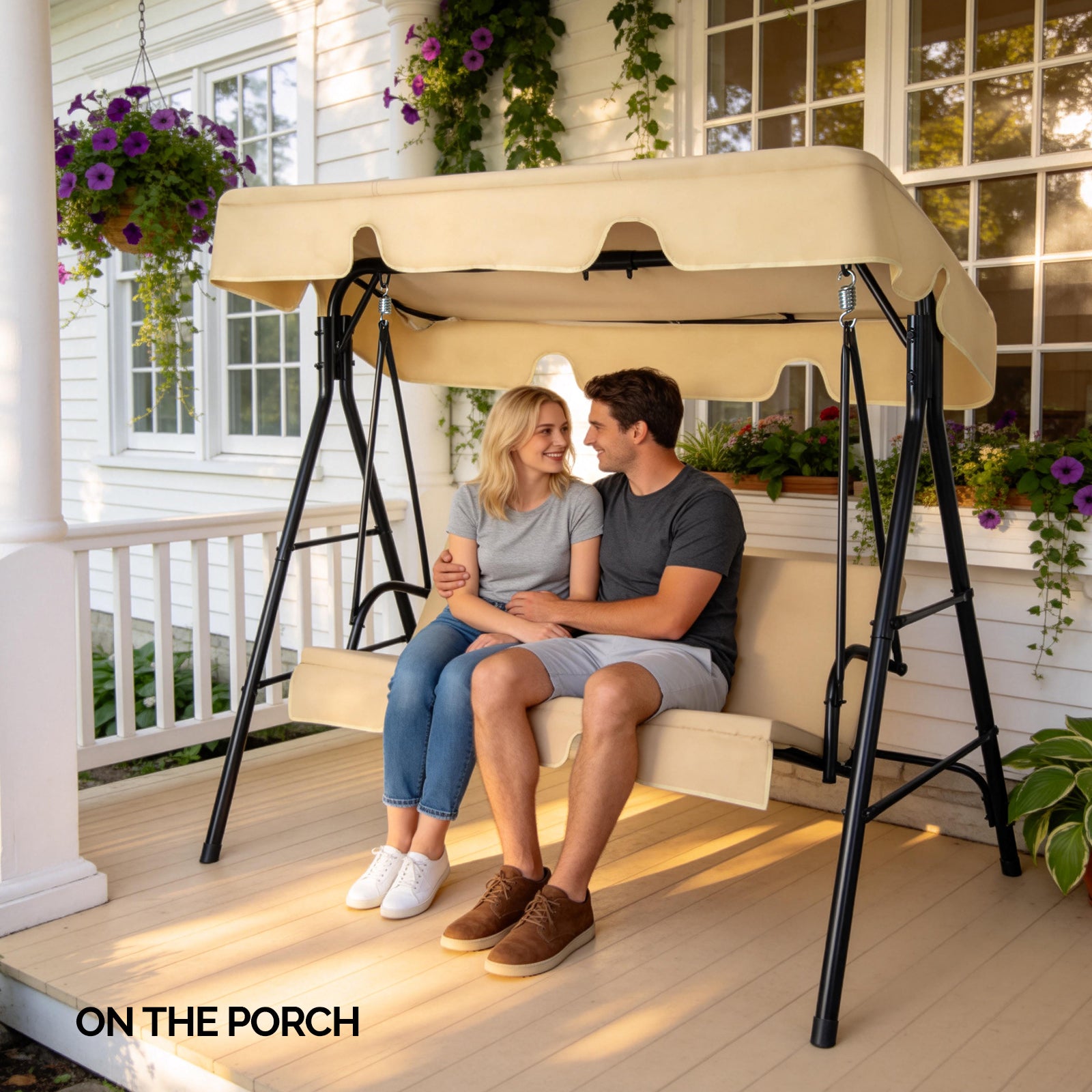 Outdoor Patio Swing Set with Cushion & Canopy – 68" Khaki Iron Frame, 550 lb Capacity | Free US Shipping