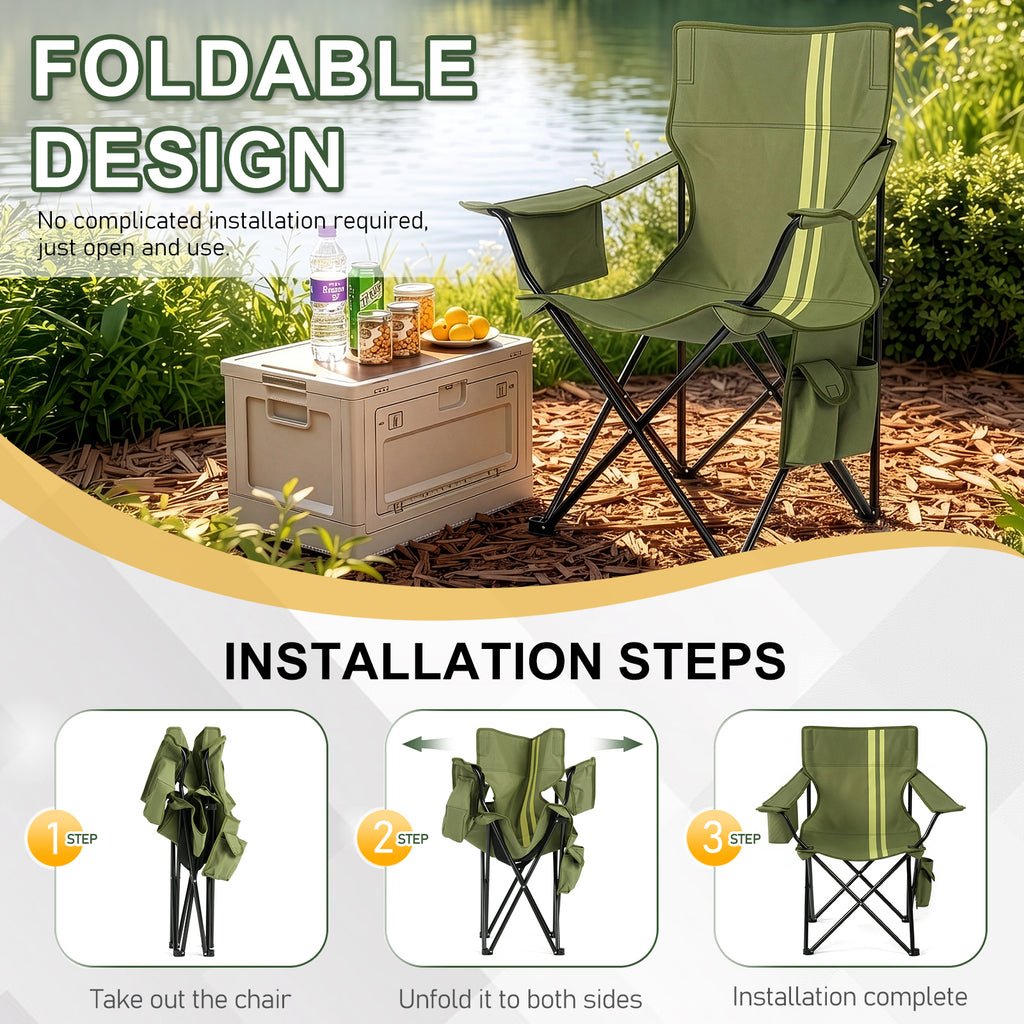 Folding Camping Chair with Built-in Cooler Bag & Cup Holder, Heavy Duty 350 lbs Capacity Portable Outdoor Camp Chair, Green Padded Folding Chair with Side Pocket for Camping, Beach, Patio, Picnic, Travel