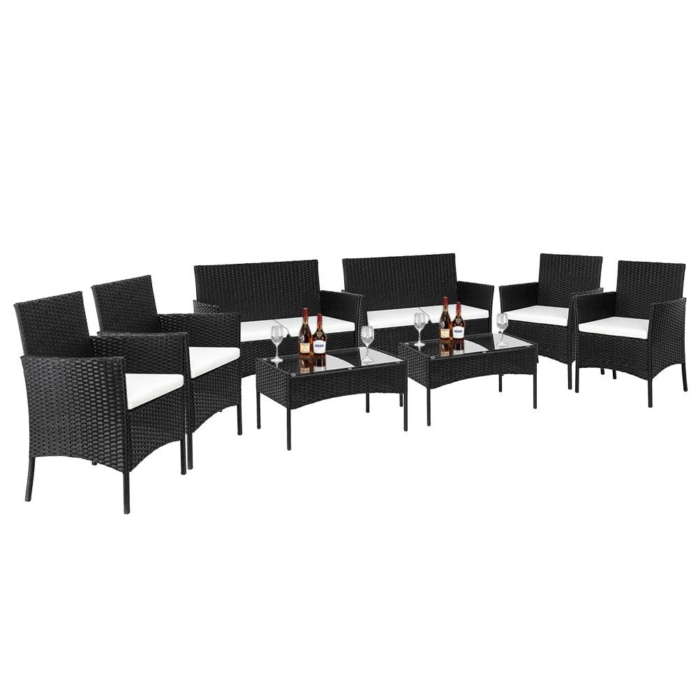 4-Piece Rattan Sofa Set – 2 Arm Chairs, Loveseat & Tempered Glass Coffee Table | Black PE Wicker | Free US Shipping
