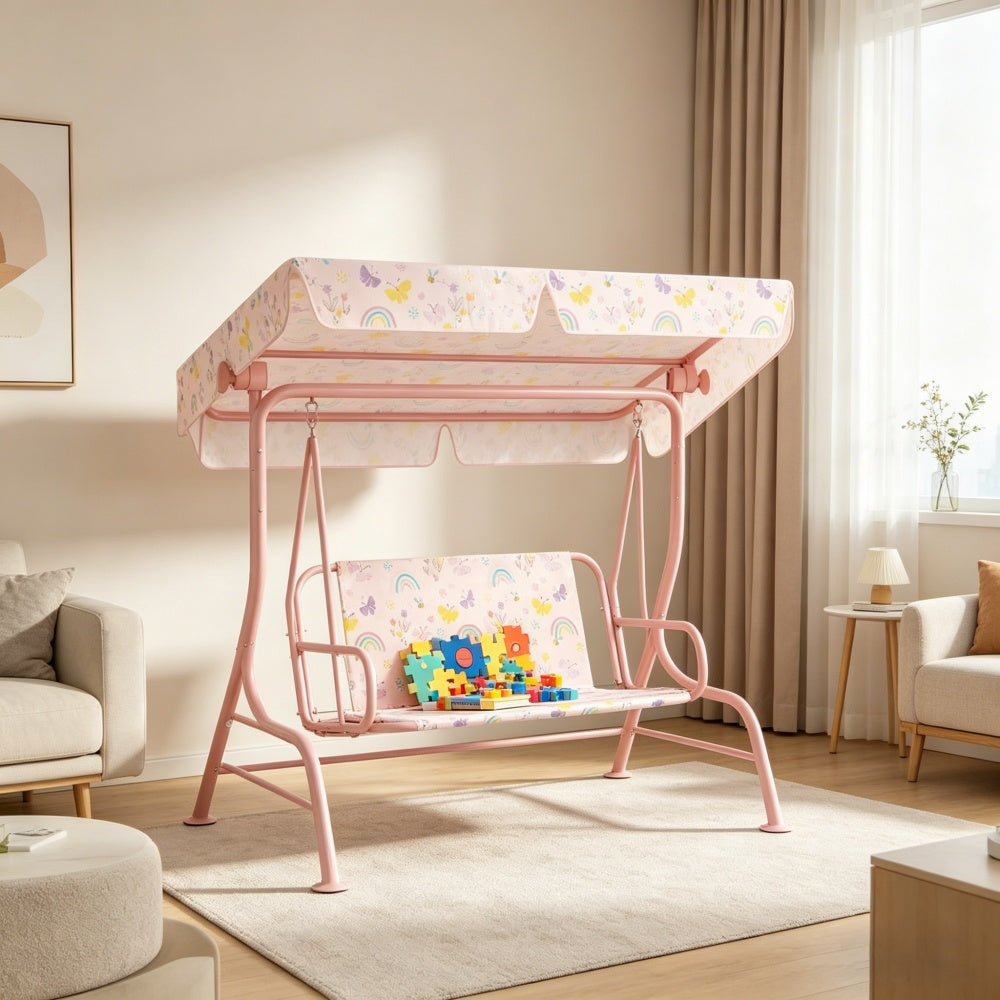 Kids Outdoor Patio Swing Chair with Canopy – Rainbow Pink, Ages 3-6 | Free US Shipping