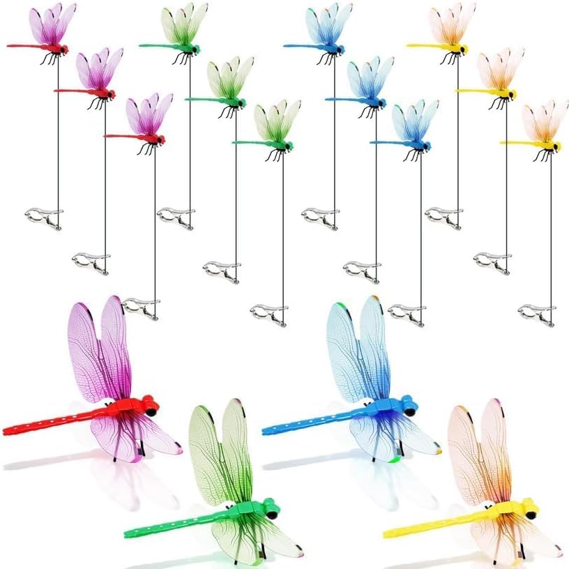 Dragonfly Garden Clips 12 Pack - Realistic Garden Stakes & Yard Ornaments for Outdoor Decor