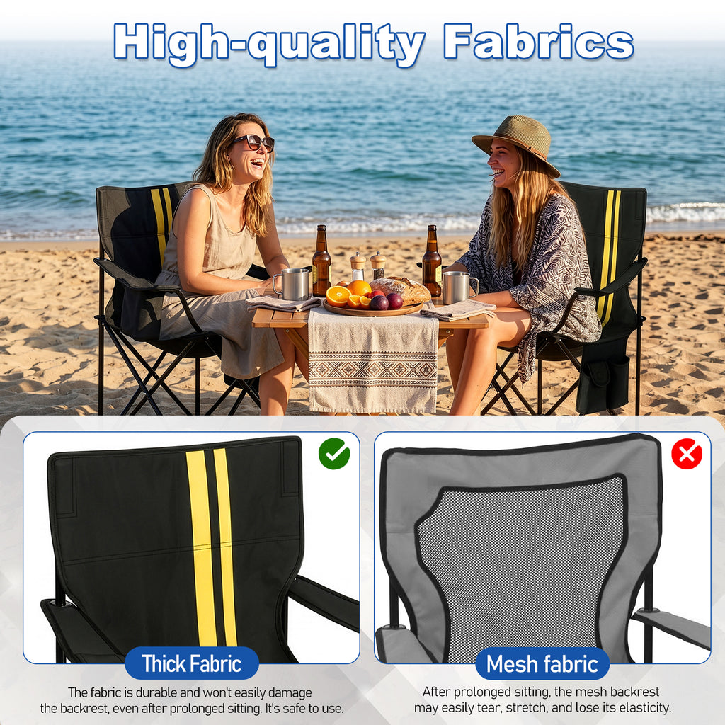 US STOCK FREE SHIPPING Folding Camping Chair with Built-in Cooler Bag, 350LBS Heavy Duty Portable Outdoor Chair with Cup Holder, Side Pocket & Carry Bag, 33.7"×20.5"×33.5" Black Camping Chair with Yellow Stripes for Beach, Picnic, Fishing