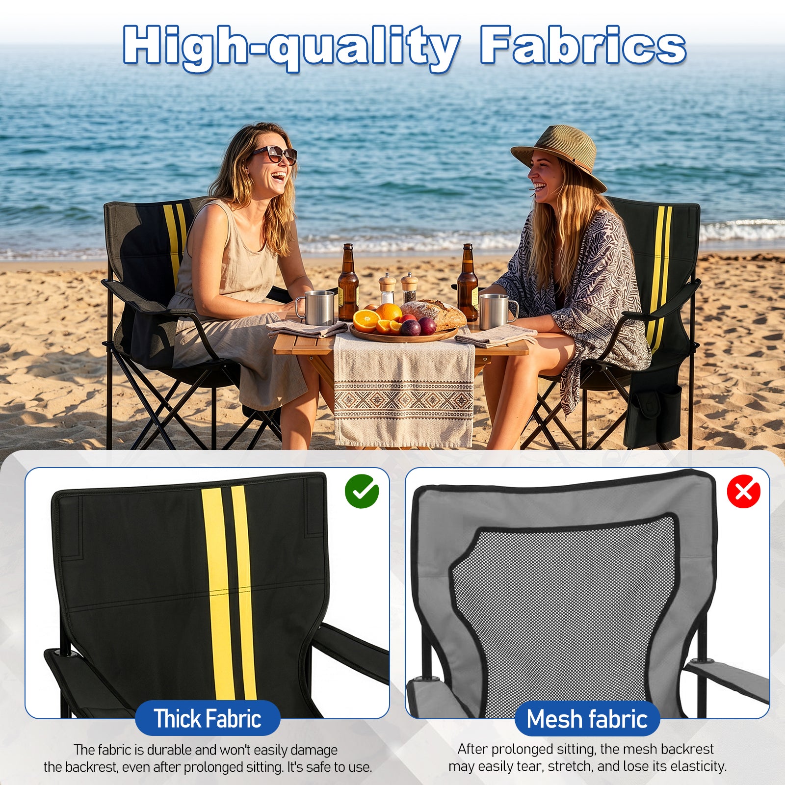 US STOCK FREE SHIPPING Folding Camping Chair with Built-in Cooler Bag, 350LBS Heavy Duty Portable Outdoor Chair with Cup Holder, Side Pocket & Carry Bag, 33.7"×20.5"×33.5" Black Camping Chair with Yellow Stripes for Beach, Picnic, Fishing