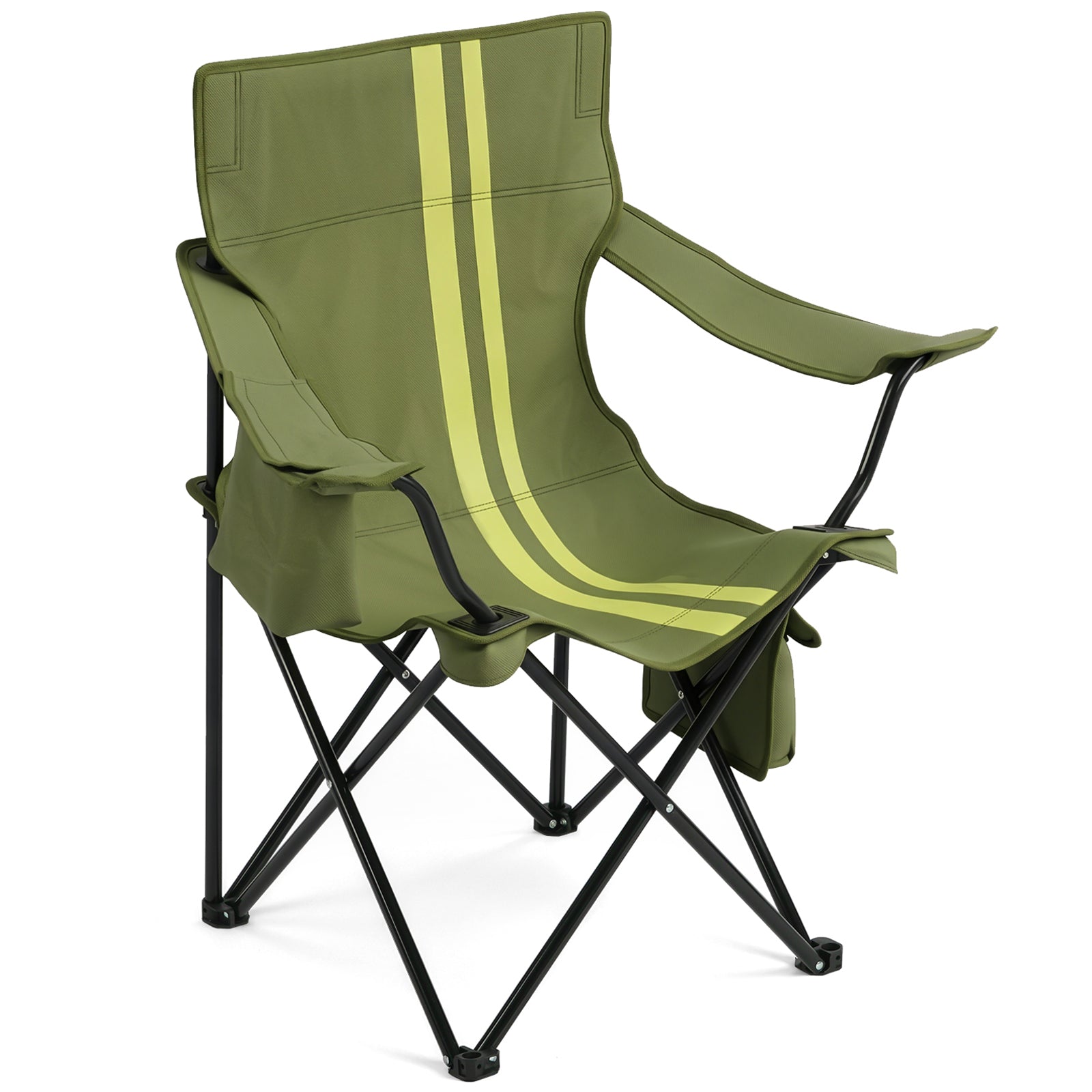 Folding Camping Chair with Built-in Cooler Bag & Cup Holder, Heavy Duty 350 lbs Capacity Portable Outdoor Camp Chair, Green Padded Folding Chair with Side Pocket for Camping, Beach, Patio, Picnic, Travel