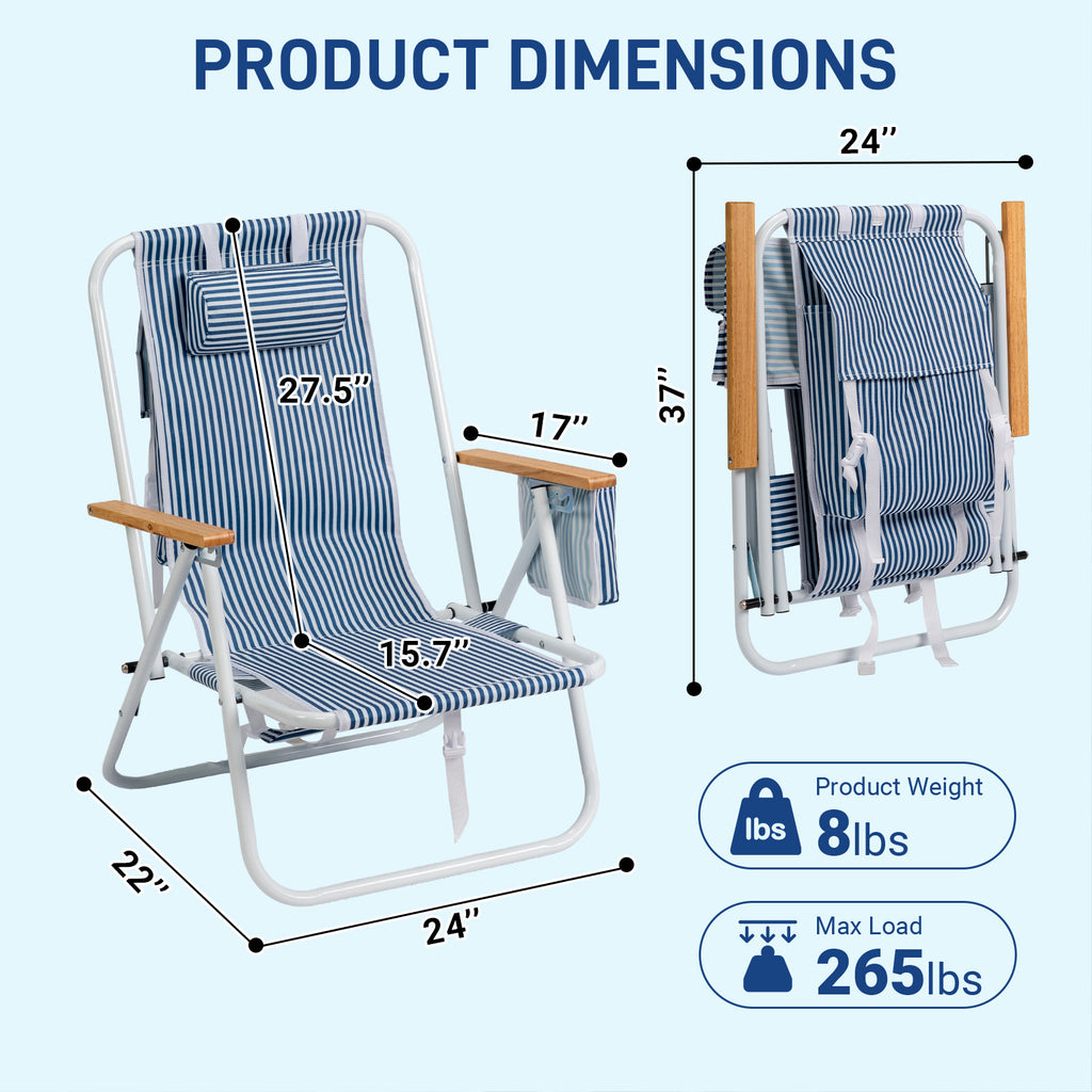 4-Position Adjustable Backpack Beach Chair, Foldable Rustproof Aluminum Frame Lounge Chair with Wooden Armrest, Side Storage Pockets & Detachable Pillow, 24"×22"×37" Outdoor Patio Camping Lawn Chair Holds up to 265 LBS, Blue White Vertical Stripe