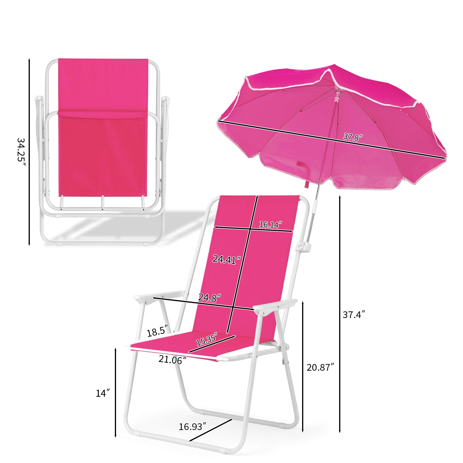 1 Pack Folding Beach Chair with Umbrella, XL Size, 15" Seat Height, Barbie Pink, Steel Spring Chair with Cross Bar, Oxford Cloth, 120kg Capacity