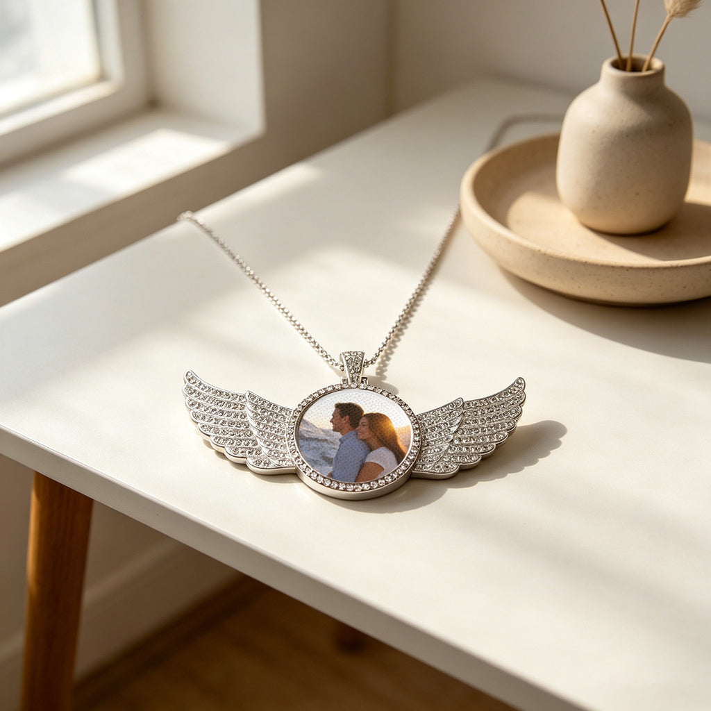Custom Photo Angel Wings Necklace – Personalized Picture Pendant, Gold & Silver | Free US Shipping
