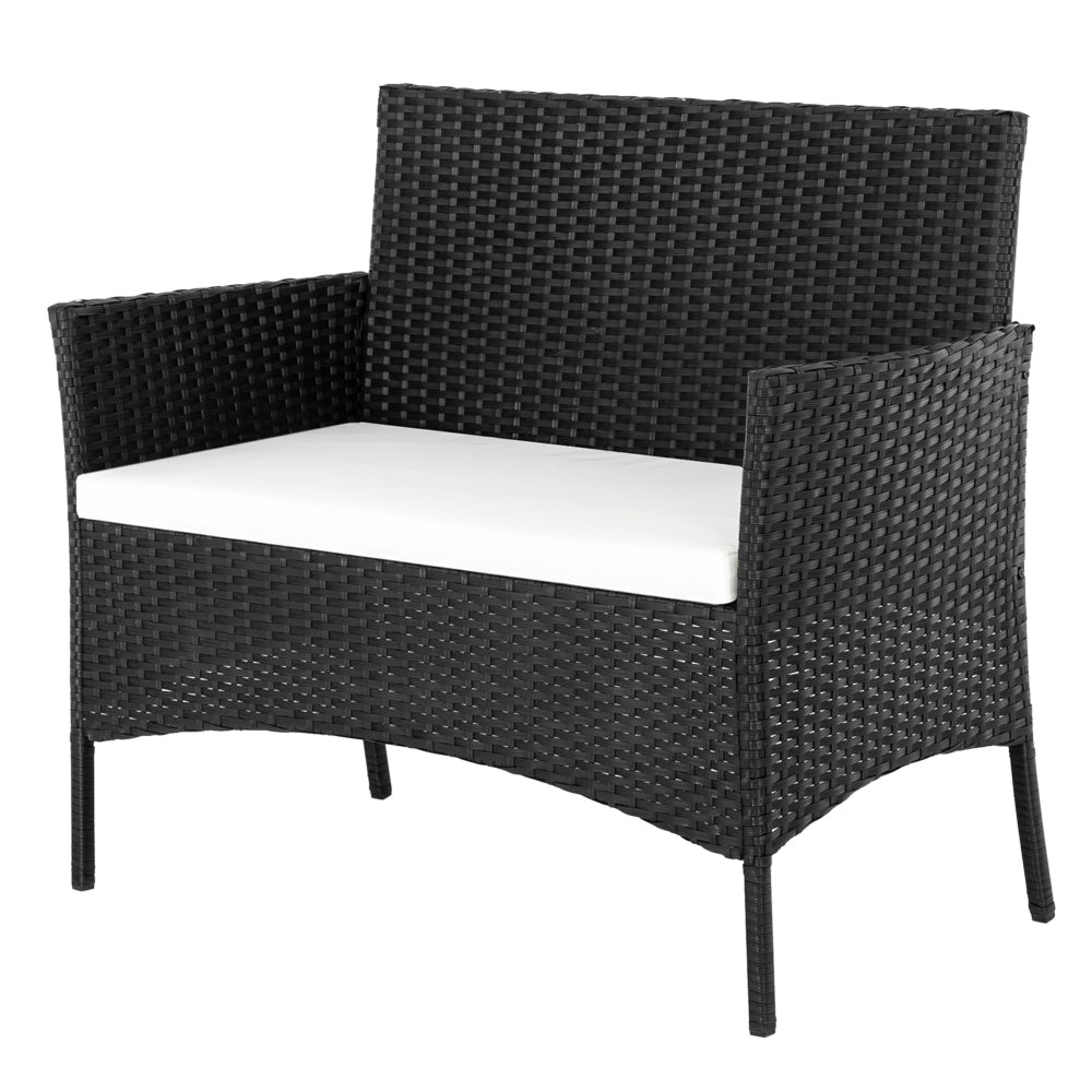 4-Piece Rattan Sofa Set – 2 Arm Chairs, Loveseat & Tempered Glass Coffee Table | Black PE Wicker | Free US Shipping