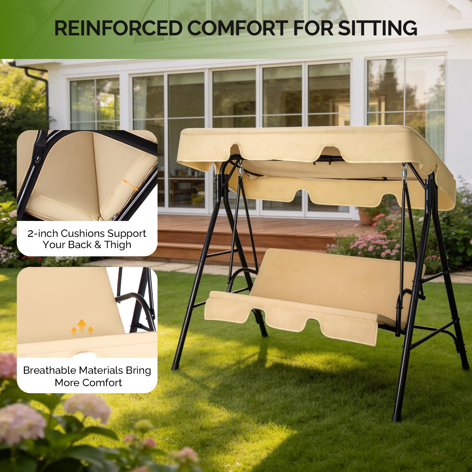 Outdoor Patio Swing Set with Cushion & Canopy – 68" Khaki Iron Frame, 550 lb Capacity | Free US Shipping