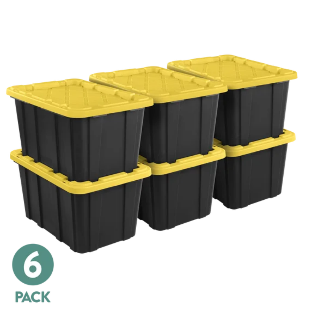 27 Gallon Large Storage Bins, 6-Pack Durable Plastic Totes with Snap-On Lid – Black & Yellow | Free US Shipping