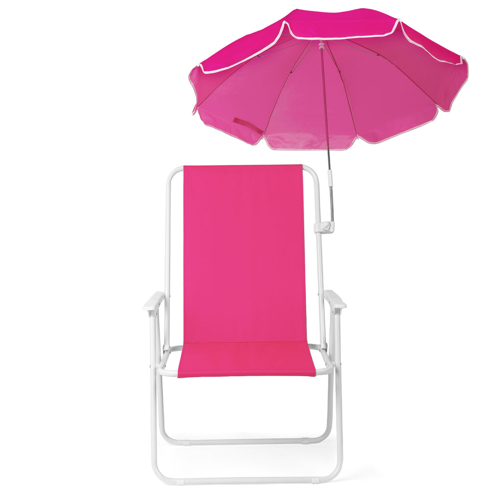 1 Pack Folding Beach Chair with Umbrella, XL Size, 15" Seat Height, Barbie Pink, Steel Spring Chair with Cross Bar, Oxford Cloth, 120kg Capacity