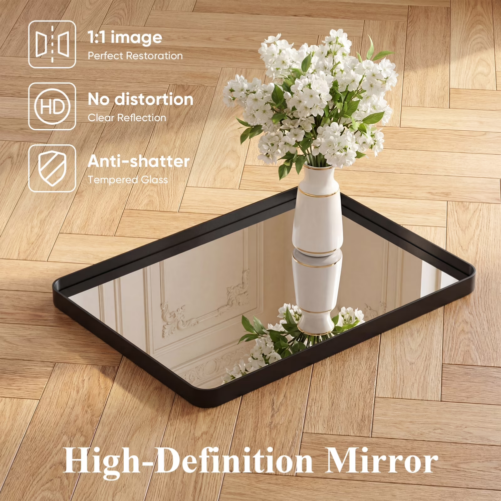 24" x 36" Anti-Fog Bathroom Wall Mirror – Shatterproof, Black Rectangular Metal Frame | Free US Shipping