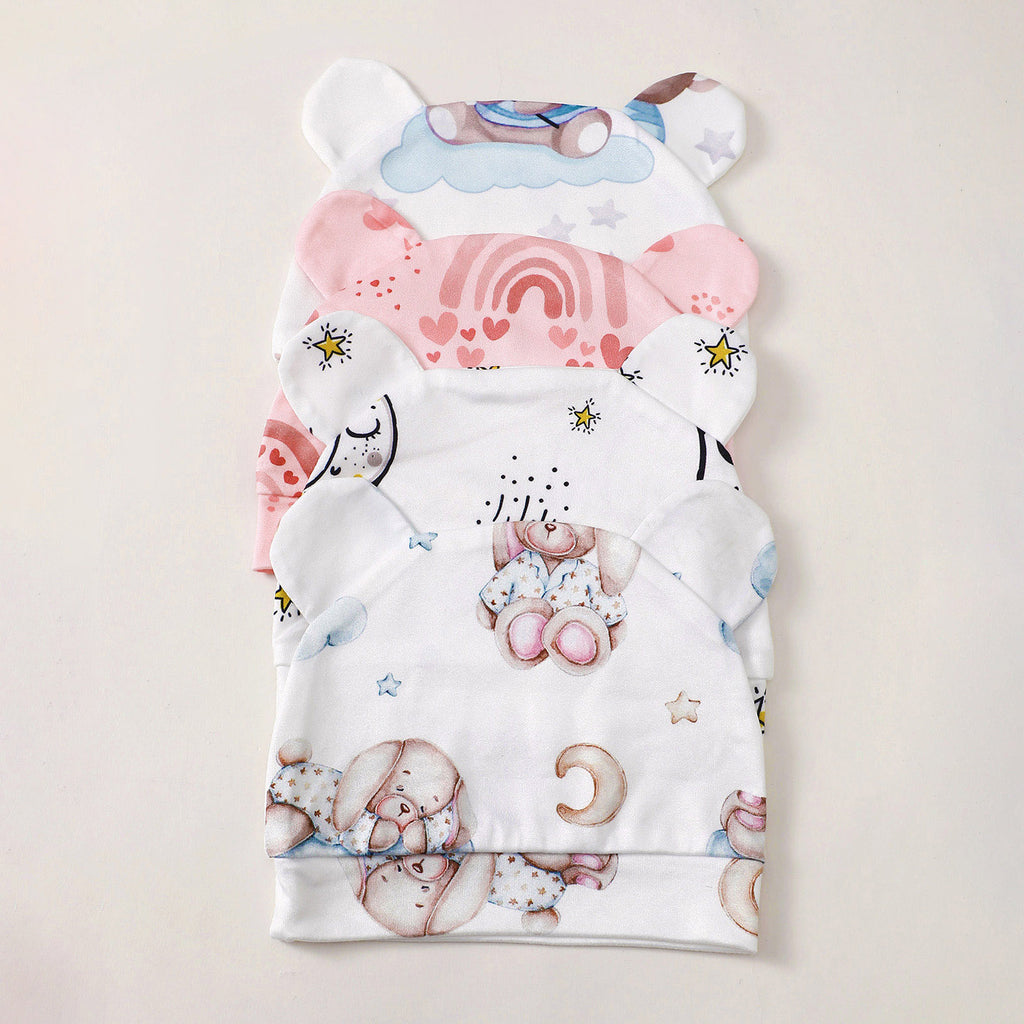 Mommbaby Newborn Swaddle & Hat Set – Soft Cartoon Print, US Stock, 3-Day Delivery