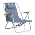 4-Position Adjustable Backpack Beach Chair, Foldable Rustproof Aluminum Frame Lounge Chair with Wooden Armrest, Side Storage Pockets & Detachable Pillow, 24"×22"×37" Outdoor Patio Camping Lawn Chair Holds up to 265 LBS, Blue White Vertical Stripe