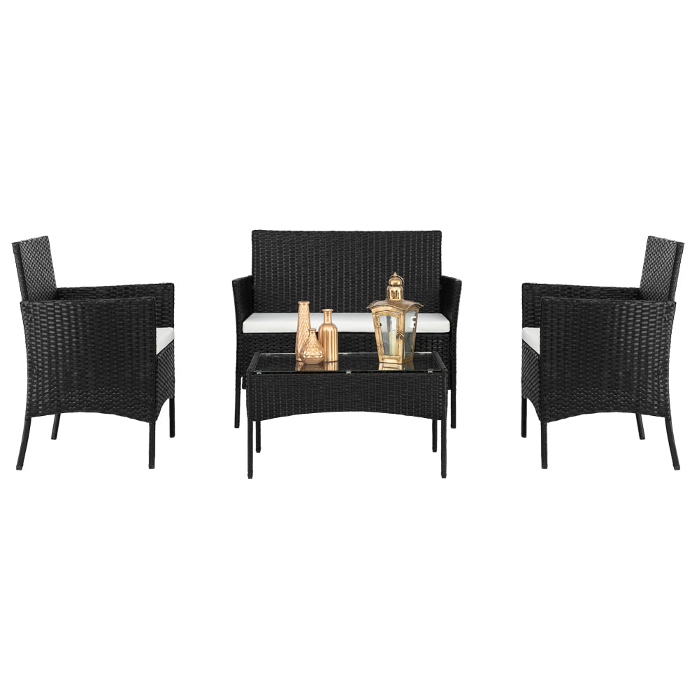 4-Piece Rattan Sofa Set – 2 Arm Chairs, Loveseat & Tempered Glass Coffee Table | Black PE Wicker | Free US Shipping