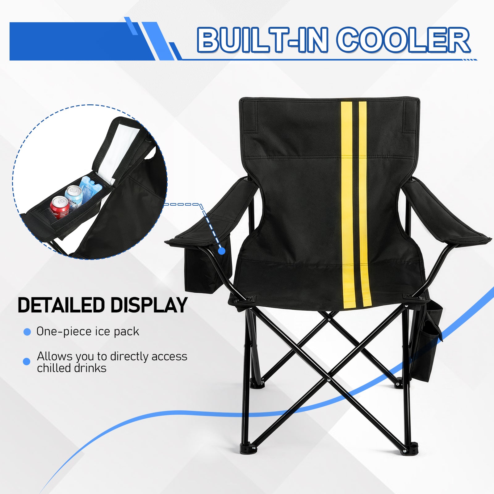 US STOCK FREE SHIPPING Folding Camping Chair with Built-in Cooler Bag, 350LBS Heavy Duty Portable Outdoor Chair with Cup Holder, Side Pocket & Carry Bag, 33.7"×20.5"×33.5" Black Camping Chair with Yellow Stripes for Beach, Picnic, Fishing