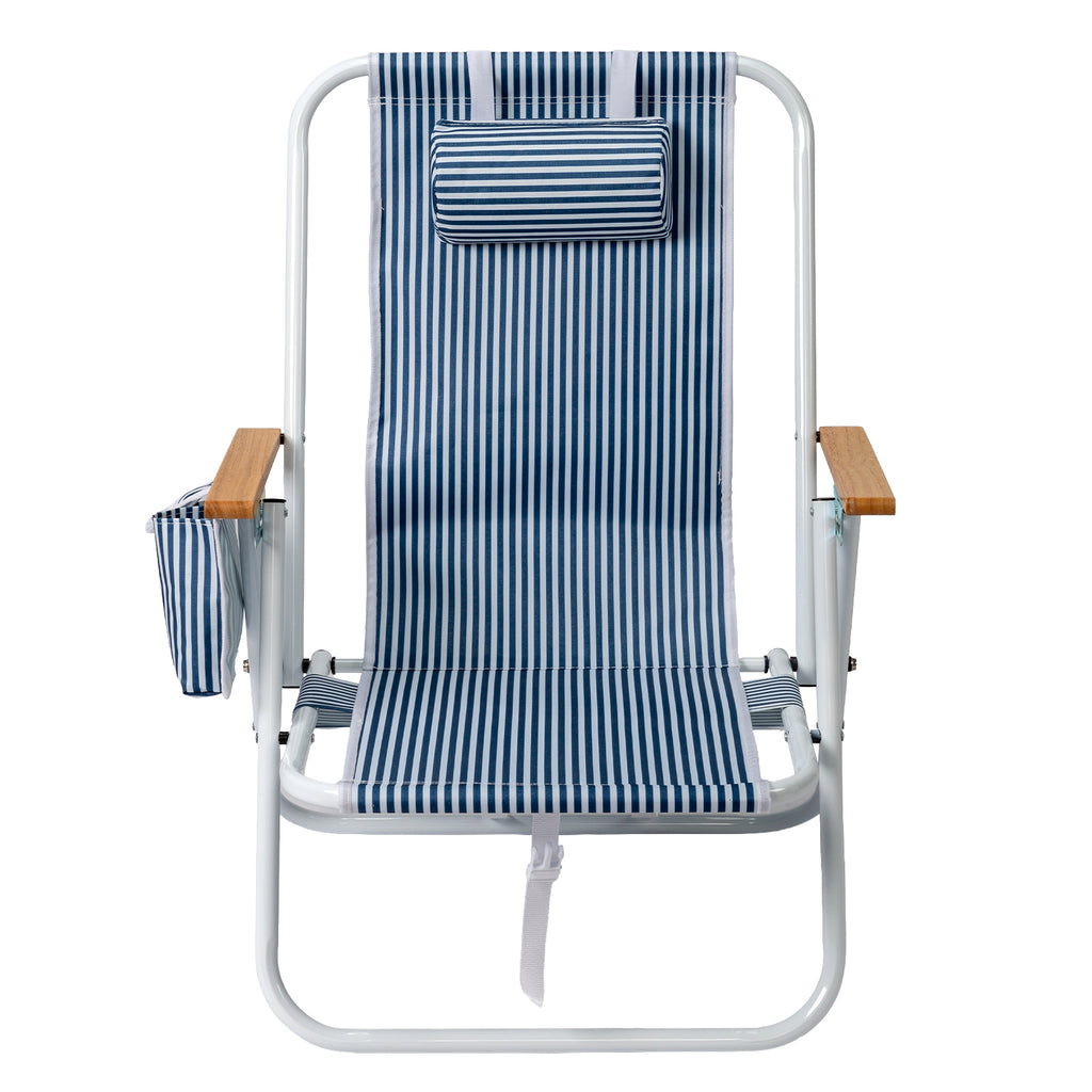 4-Position Adjustable Backpack Beach Chair, Foldable Rustproof Aluminum Frame Lounge Chair with Wooden Armrest, Side Storage Pockets & Detachable Pillow, 24"×22"×37" Outdoor Patio Camping Lawn Chair Holds up to 265 LBS, Blue White Vertical Stripe