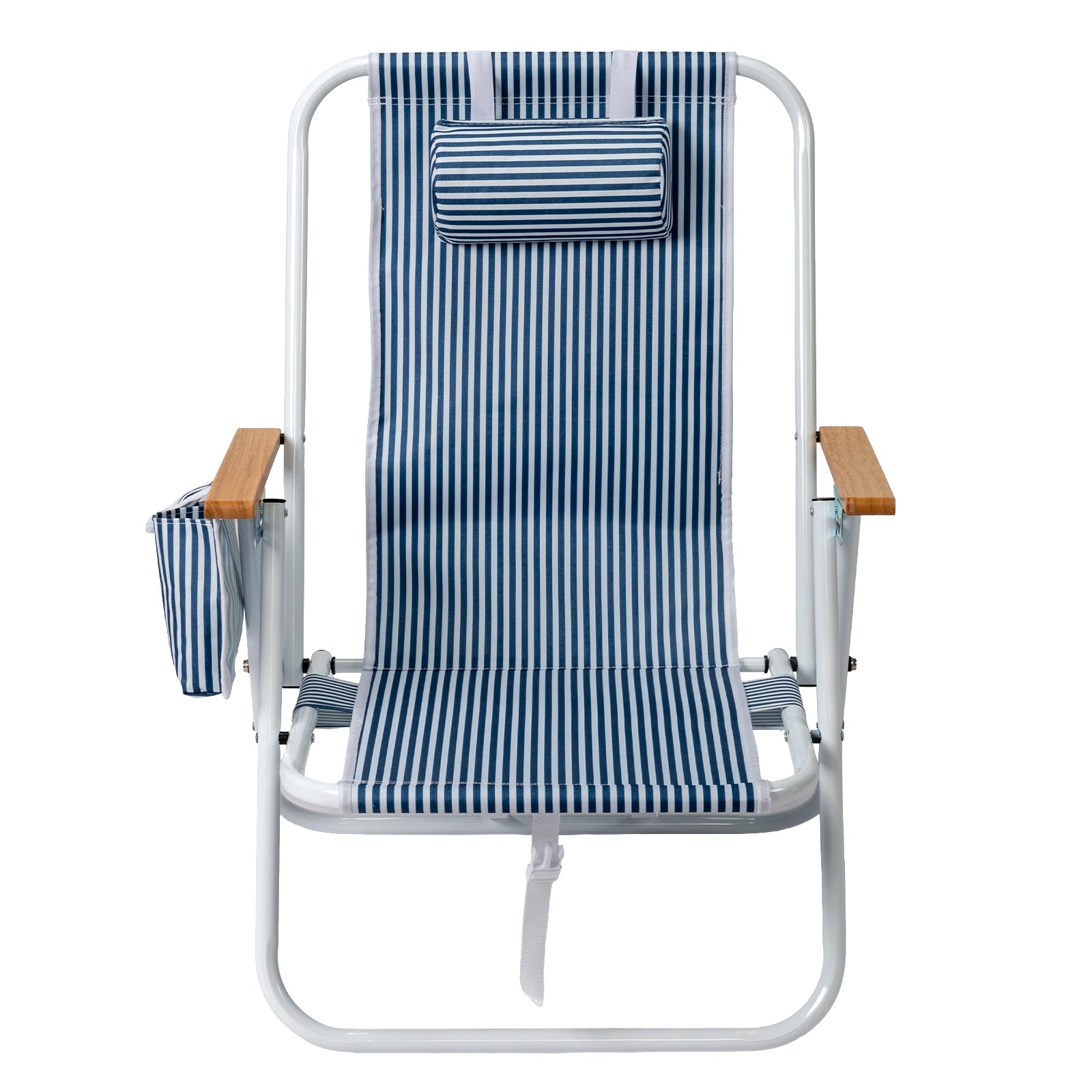 4-Position Adjustable Backpack Beach Chair, Foldable Rustproof Aluminum Frame Lounge Chair with Wooden Armrest, Side Storage Pockets & Detachable Pillow, 24"×22"×37" Outdoor Patio Camping Lawn Chair Holds up to 265 LBS, Blue White Vertical Stripe