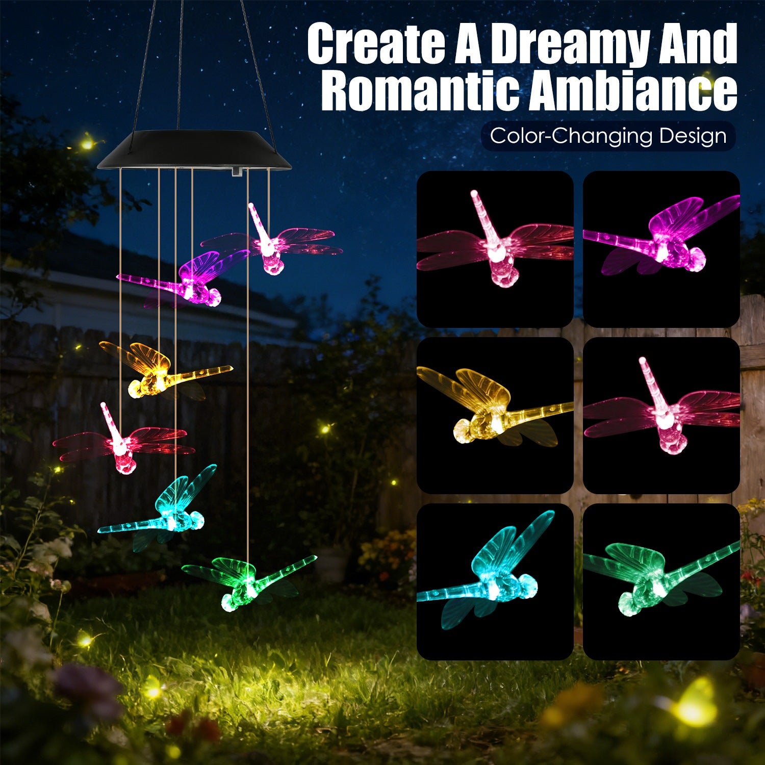 2PCS-Outdoor Solar Wind Chimes, Solar Dragonfly Wind Chimes, Color Changing LED Wind Chime Light, IPX4 Waterproof Outdoor Hanging Decor for Garden Patio Yard US FREE SHIPPING