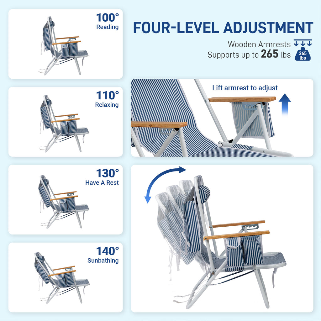 4-Position Adjustable Backpack Beach Chair, Foldable Rustproof Aluminum Frame Lounge Chair with Wooden Armrest, Side Storage Pockets & Detachable Pillow, 24"×22"×37" Outdoor Patio Camping Lawn Chair Holds up to 265 LBS, Blue White Vertical Stripe