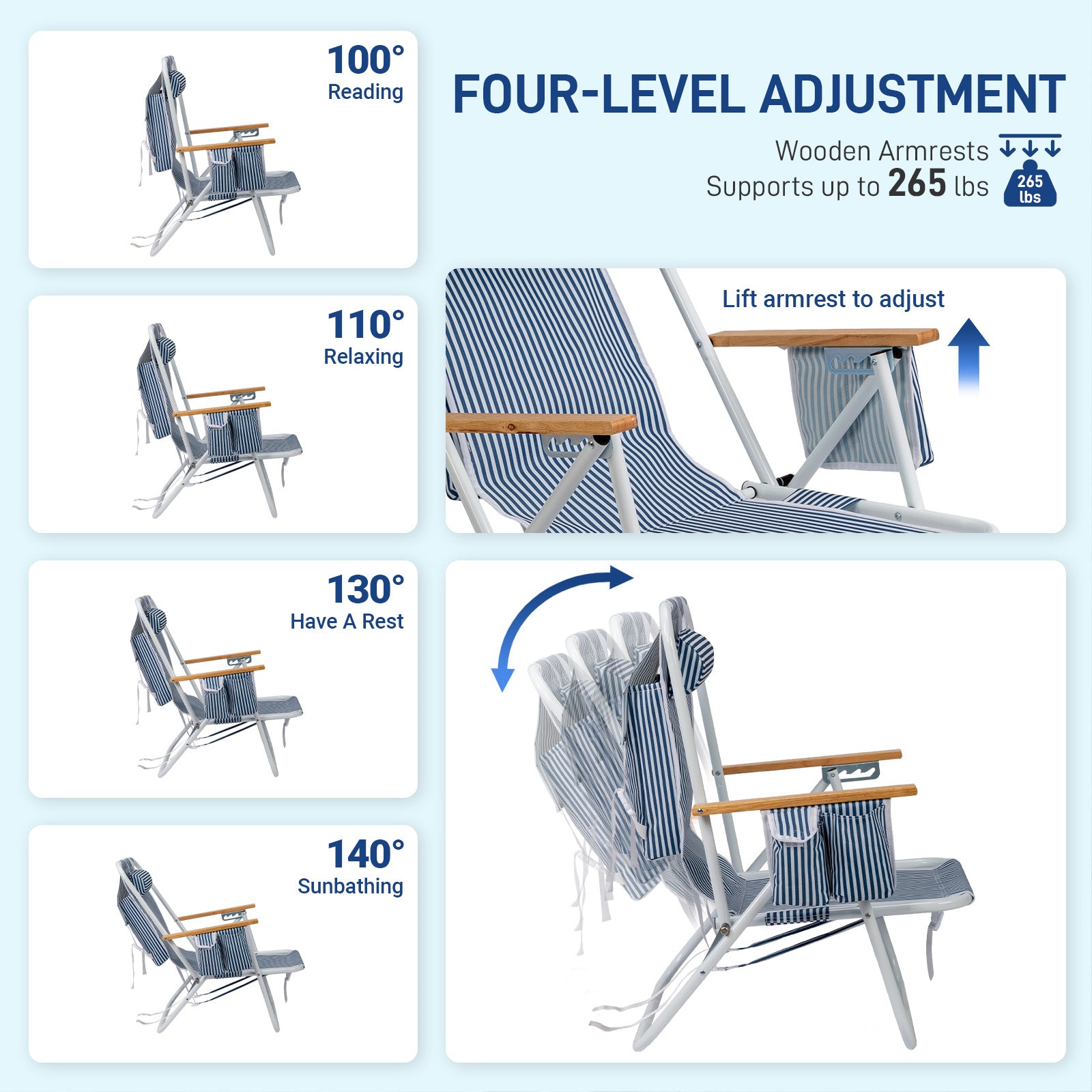 4-Position Adjustable Backpack Beach Chair, Foldable Rustproof Aluminum Frame Lounge Chair with Wooden Armrest, Side Storage Pockets & Detachable Pillow, 24"×22"×37" Outdoor Patio Camping Lawn Chair Holds up to 265 LBS, Blue White Vertical Stripe