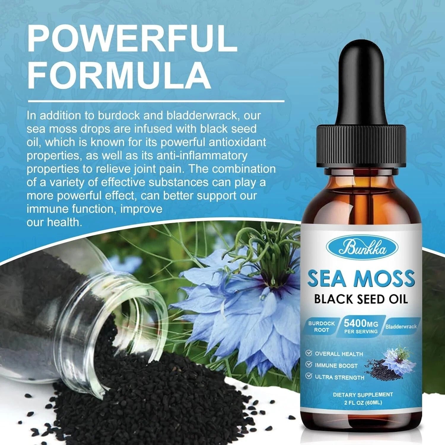 Sea Moss 3000mg + Black Seed Oil 1000mg Liquid Drops – Burdock Root & Bladderwrack | WildRush