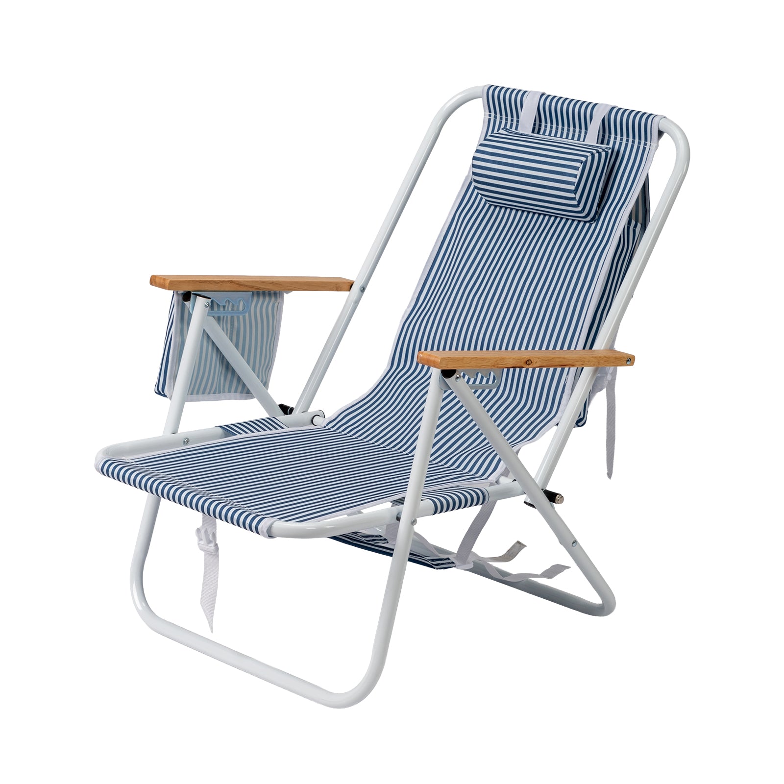 4-Position Adjustable Backpack Beach Chair, Foldable Rustproof Aluminum Frame Lounge Chair with Wooden Armrest, Side Storage Pockets & Detachable Pillow, 24"×22"×37" Outdoor Patio Camping Lawn Chair Holds up to 265 LBS, Blue White Vertical Stripe