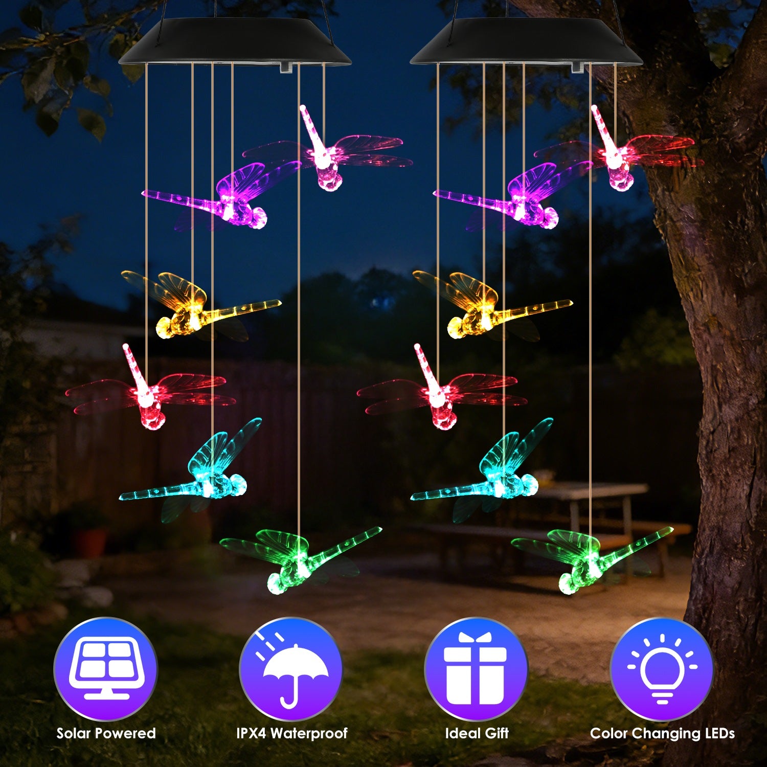 2PCS-Outdoor Solar Wind Chimes, Solar Dragonfly Wind Chimes, Color Changing LED Wind Chime Light, IPX4 Waterproof Outdoor Hanging Decor for Garden Patio Yard US FREE SHIPPING