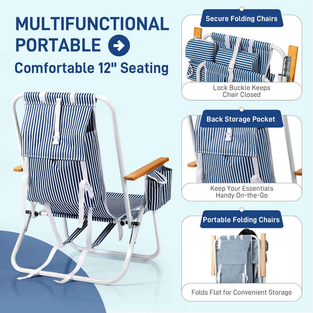 4-Position Adjustable Backpack Beach Chair, Foldable Rustproof Aluminum Frame Lounge Chair with Wooden Armrest, Side Storage Pockets & Detachable Pillow, 24"×22"×37" Outdoor Patio Camping Lawn Chair Holds up to 265 LBS, Blue White Vertical Stripe