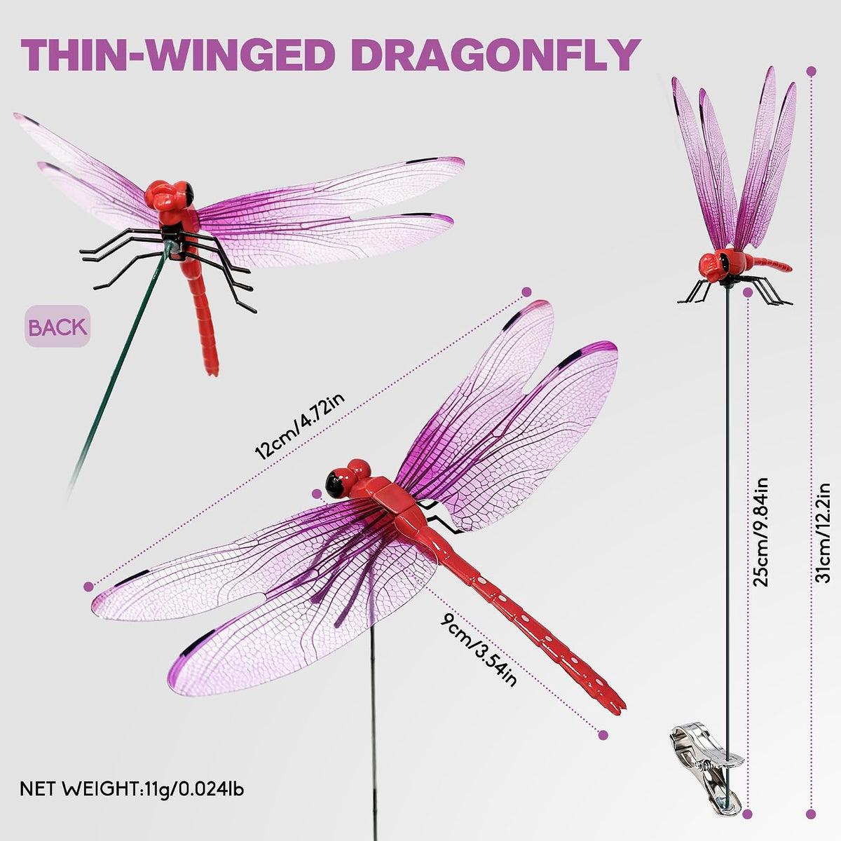 Dragonfly Garden Clips 12 Pack - Realistic Garden Stakes & Yard Ornaments for Outdoor Decor