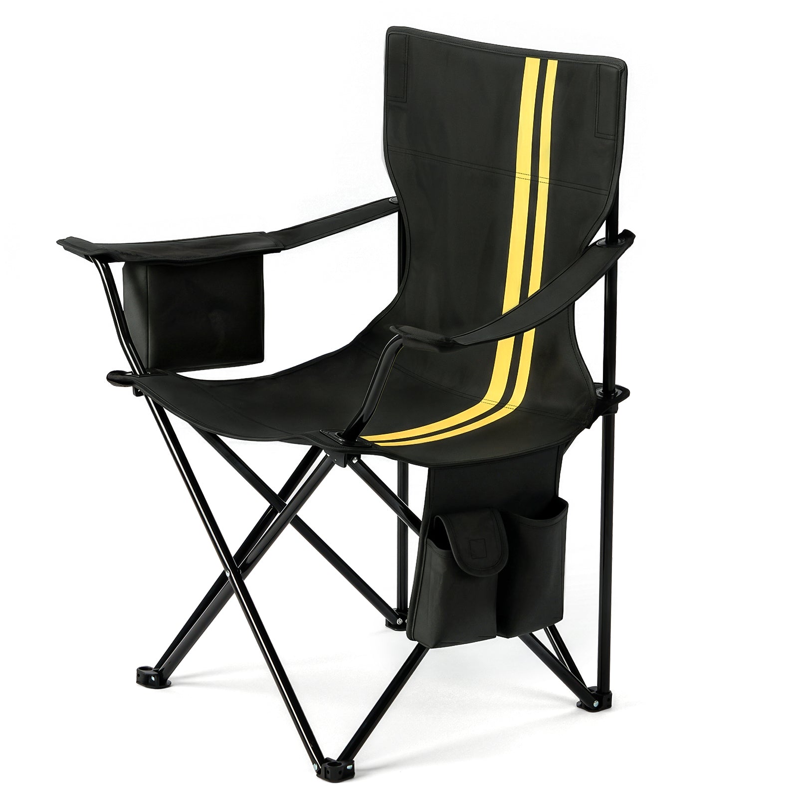 US STOCK FREE SHIPPING Folding Camping Chair with Built-in Cooler Bag, 350LBS Heavy Duty Portable Outdoor Chair with Cup Holder, Side Pocket & Carry Bag, 33.7"×20.5"×33.5" Black Camping Chair with Yellow Stripes for Beach, Picnic, Fishing