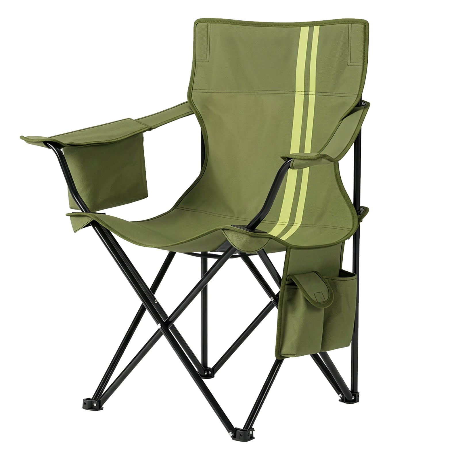 Folding Camping Chair with Built-in Cooler Bag & Cup Holder, Heavy Duty 350 lbs Capacity Portable Outdoor Camp Chair, Green Padded Folding Chair with Side Pocket for Camping, Beach, Patio, Picnic, Travel