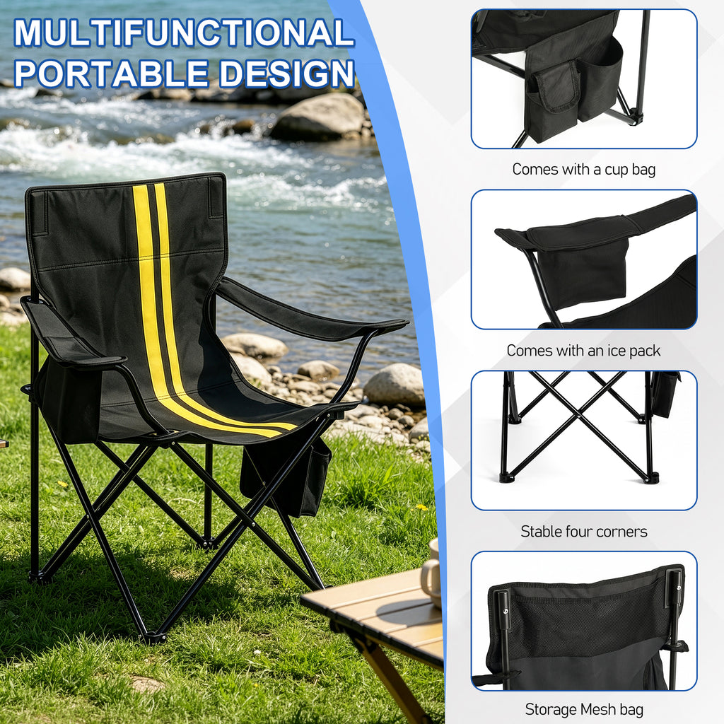 US STOCK FREE SHIPPING Folding Camping Chair with Built-in Cooler Bag, 350LBS Heavy Duty Portable Outdoor Chair with Cup Holder, Side Pocket & Carry Bag, 33.7"×20.5"×33.5" Black Camping Chair with Yellow Stripes for Beach, Picnic, Fishing