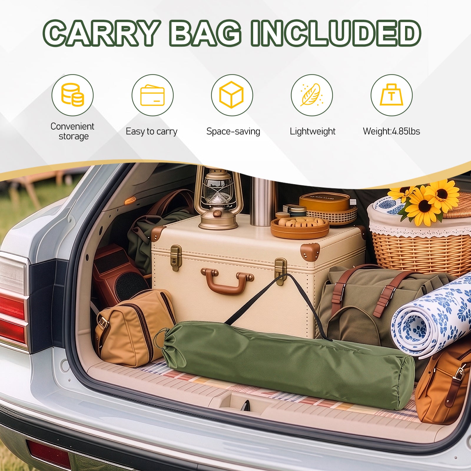 Folding Camping Chair with Built-in Cooler Bag & Cup Holder, Heavy Duty 350 lbs Capacity Portable Outdoor Camp Chair, Green Padded Folding Chair with Side Pocket for Camping, Beach, Patio, Picnic, Travel