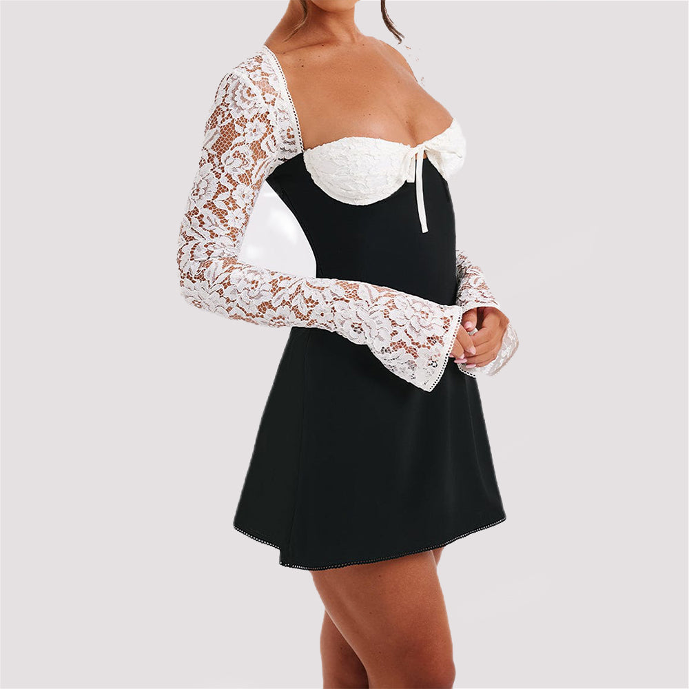 Women's Y2K Lace Long Sleeve Mini Dress – Sexy Corset Backless Lace-Up