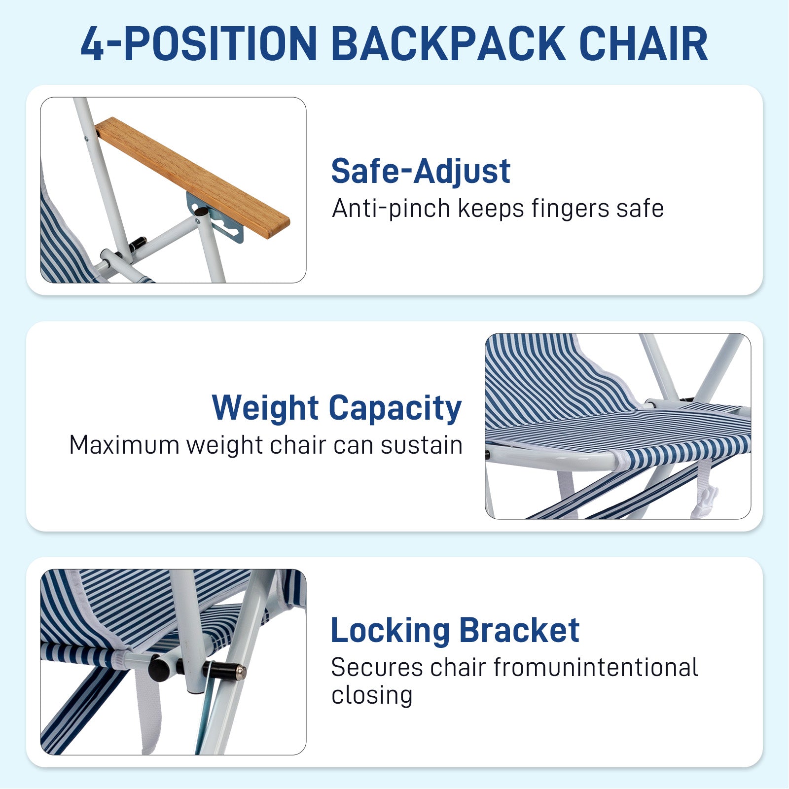 4-Position Adjustable Backpack Beach Chair, Foldable Rustproof Aluminum Frame Lounge Chair with Wooden Armrest, Side Storage Pockets & Detachable Pillow, 24"×22"×37" Outdoor Patio Camping Lawn Chair Holds up to 265 LBS, Blue White Vertical Stripe